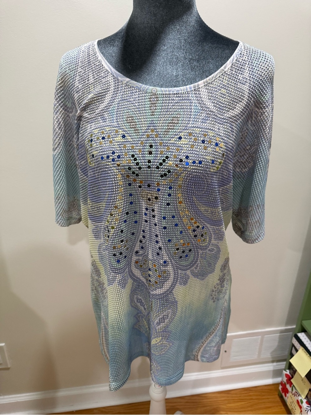 JM Collection Light Blue Paisley Embellished Mesh Tee